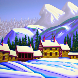 An Oil Painting of a Snowy Mountain Village